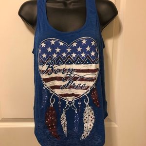 “Born Free” blue tank top